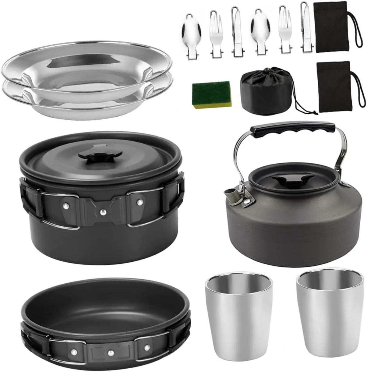 Sosoport Camping Cookware Set 2-3 Person Outdoor Cooking Kit Silverware Mess Kit Griddle