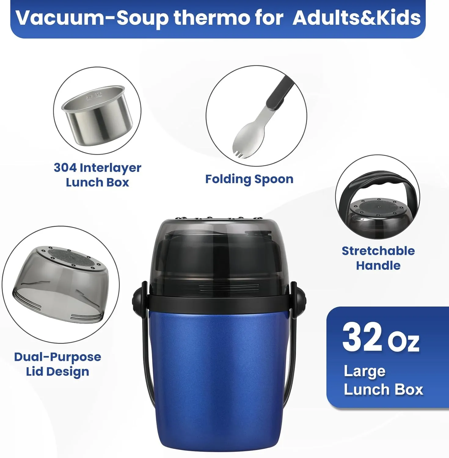 Soup Thermo for Hot Food Adults & Kids 32oz Lunch Containers Wide Mouth, Insulated Food Jar 100% Leak-Proof Double-Layer Stainless Steel Lunch Box with Spoon BPA Free (Blue)