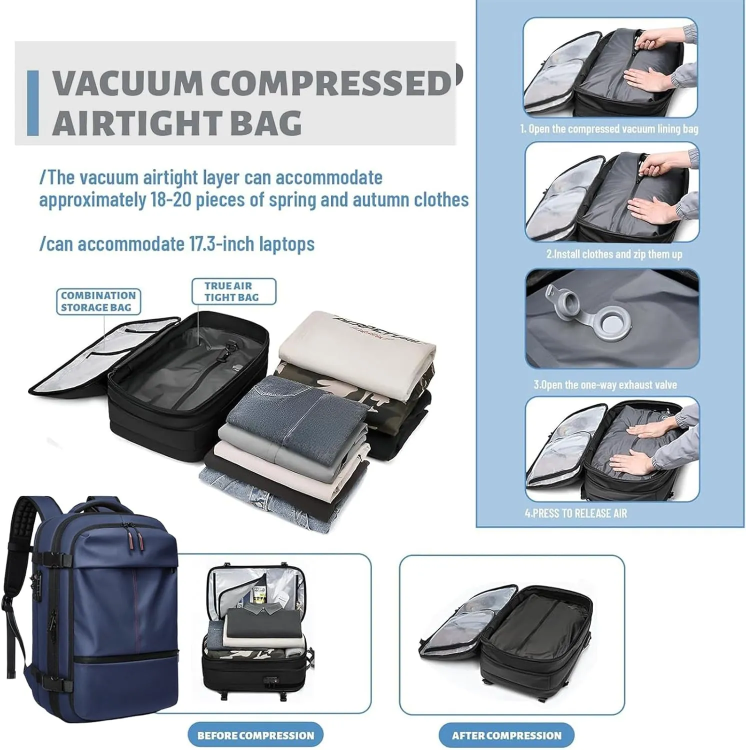 Space Vac Pro Backpack, 60l Expandable Vacpack Backpack with Pump, Anti Theft, Vacuum Travel Backpacks, Flight Approved (Blue)