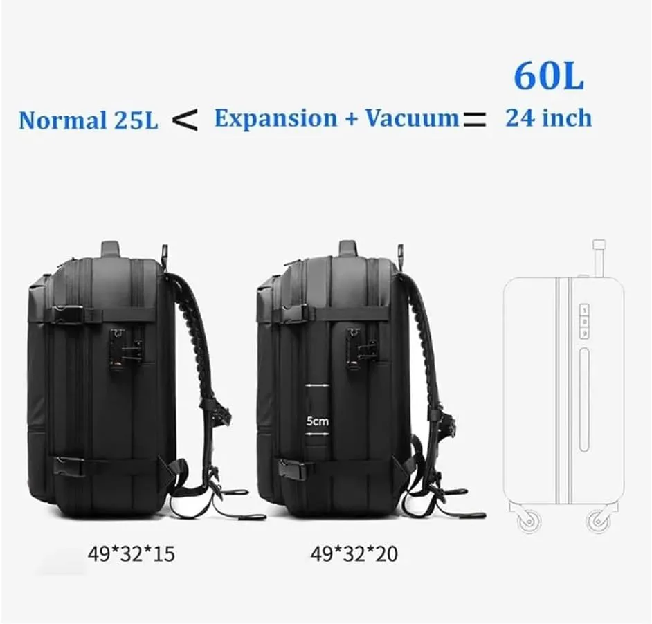 Space Vac Pro Backpack 60L Expandable Vacuum Compression Anti-Theft Laptop Backpack with Pump, Weatherproof Travel Backpack for College, Travel, Carry-On