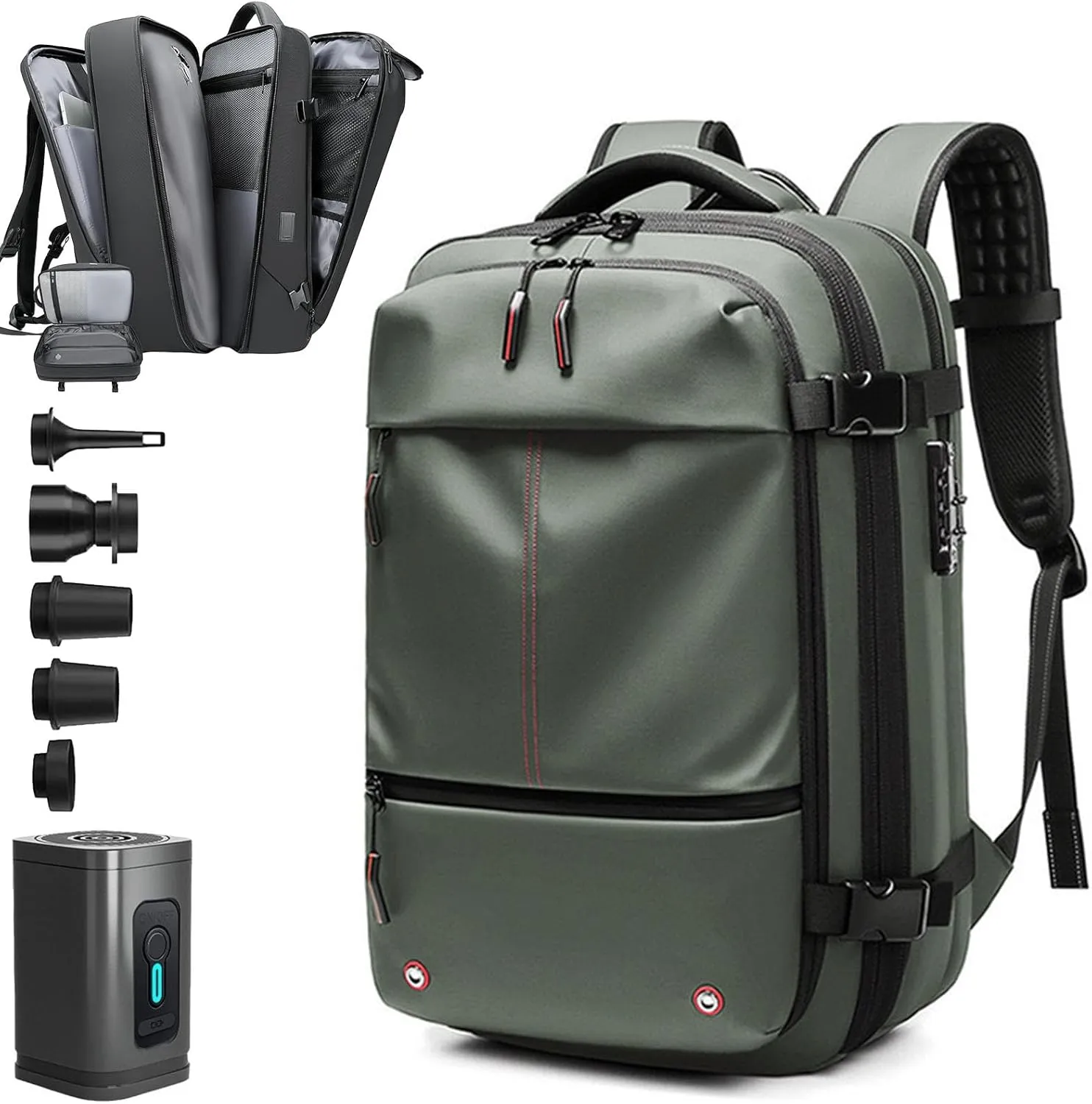 Space Vac Pro Backpack, Space Vac Backpack, 60L Large Vacuum Travel Back Pack With Pump, Flight Approved 13x8x19 in (Green)