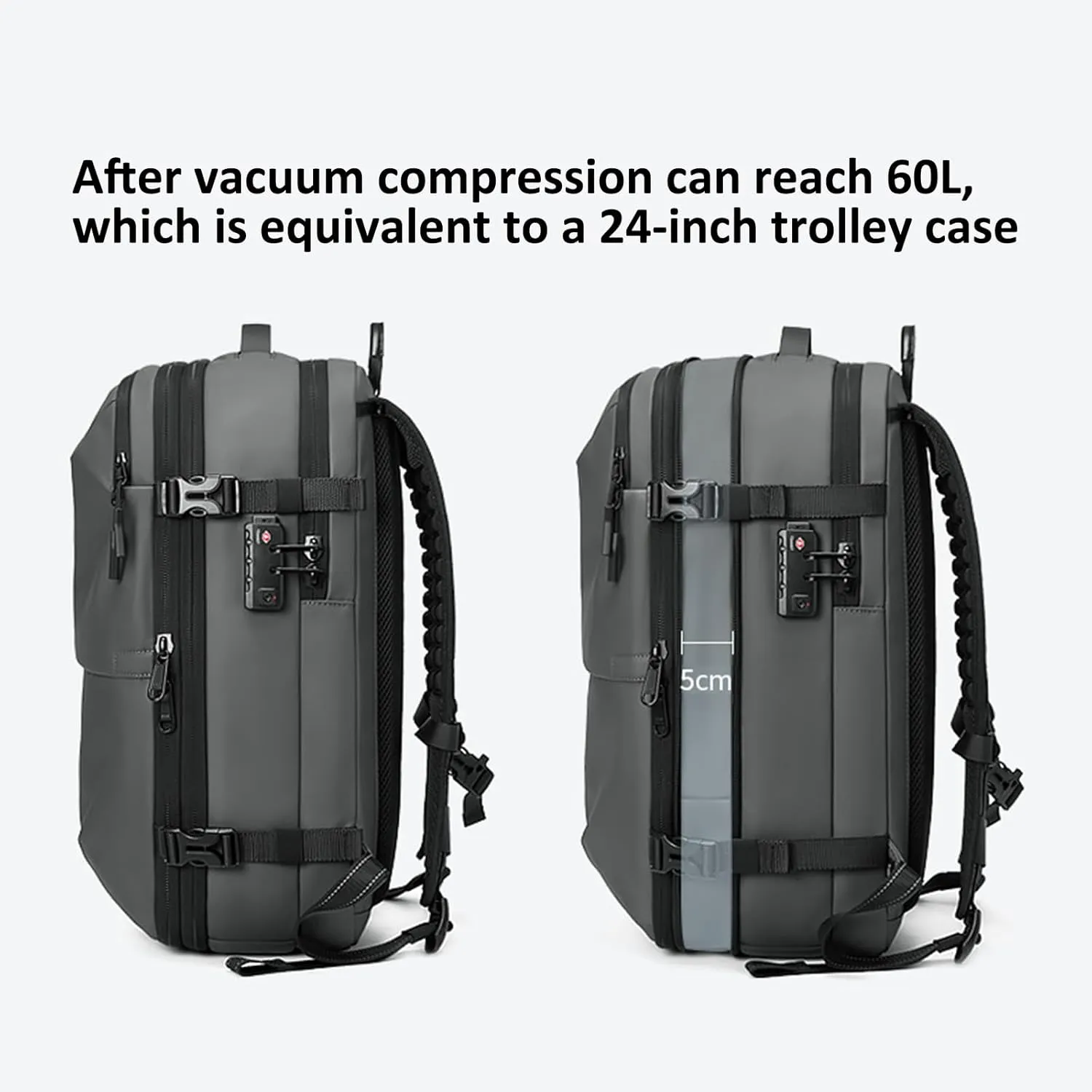 Space Vac Pro Backpack, Vacpack Backpack with Vacuum Compression, 60L Large Capacity Waterproof Anti-Theft Travel Bag (Gray)