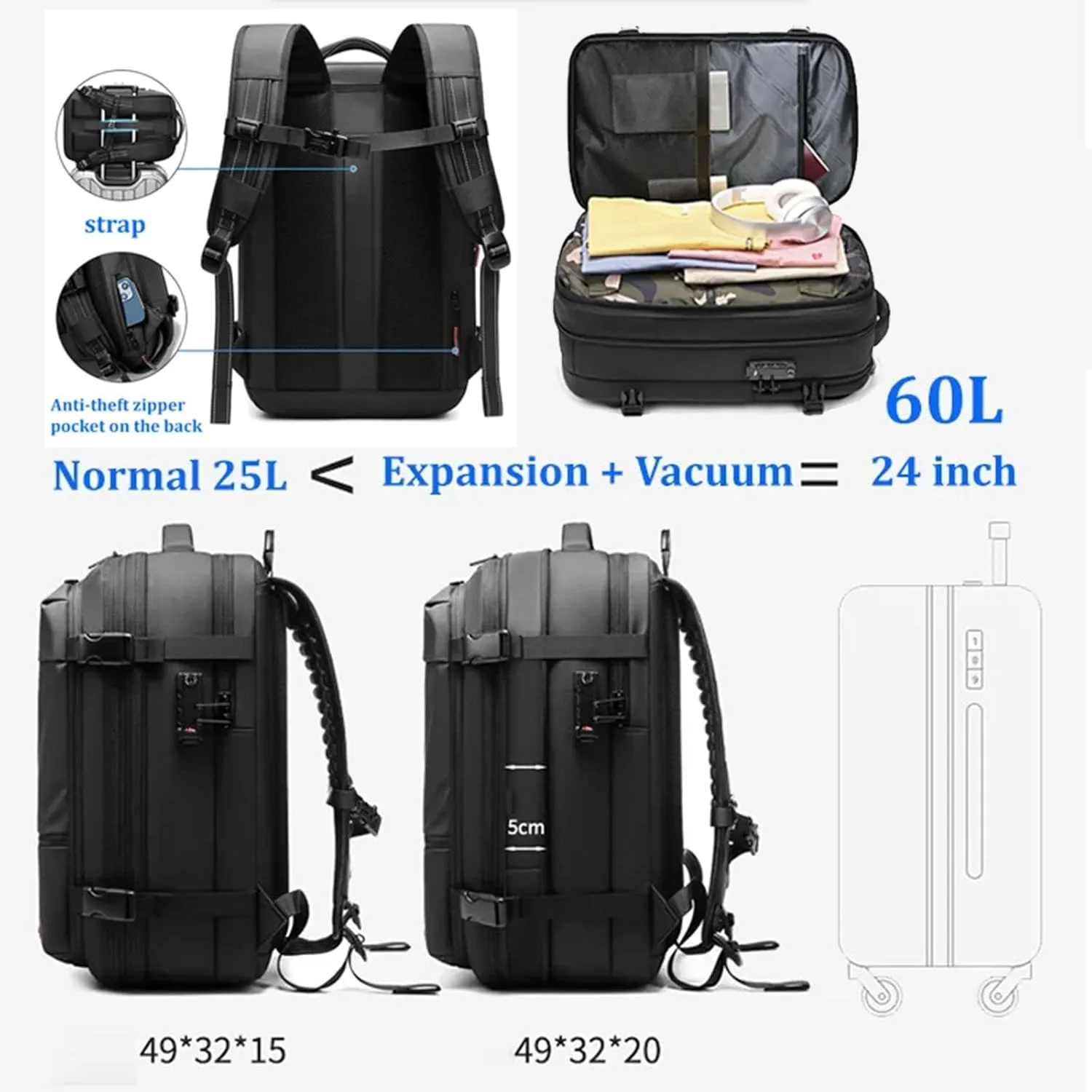 Space Vac Pro Backpack, Vacuum Backpack Travel with Pump, 60l Large-Capacity Travel Expandable with Compression (Black)