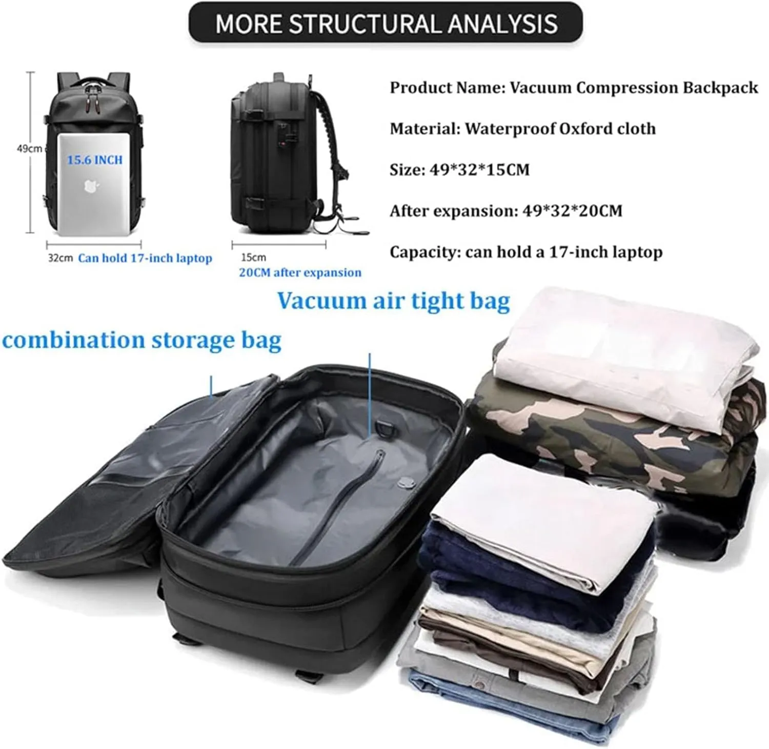 Space Vac Pro Backpack, Vacuum Backpack Travel with Pump, 60l Large-Capacity Travel Expandable with Compression (Black)