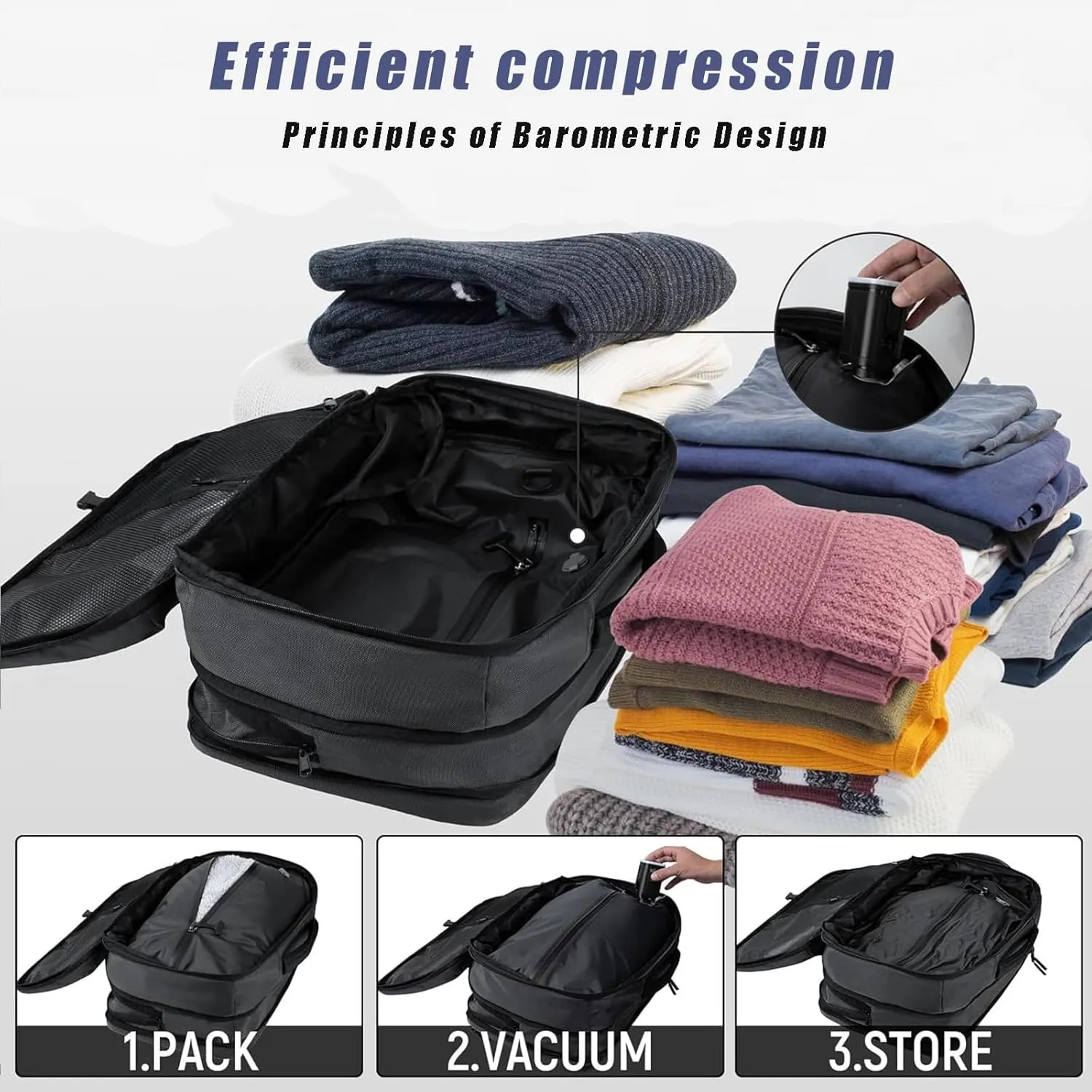 Spacevacpro Backpack, Vacpack Backpack with Pump, AirbackBackpack with Vacuum Seal Compression, Expandable to 60LBackpack with Vacuum Compression (With Air Pump) (grey)