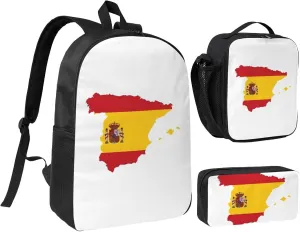 Spanish Flag Map print Backpack Set Casual Shoulder Bag Lunch Bag Pen Pouch 3 in 1 Set 17inch for Women Men College