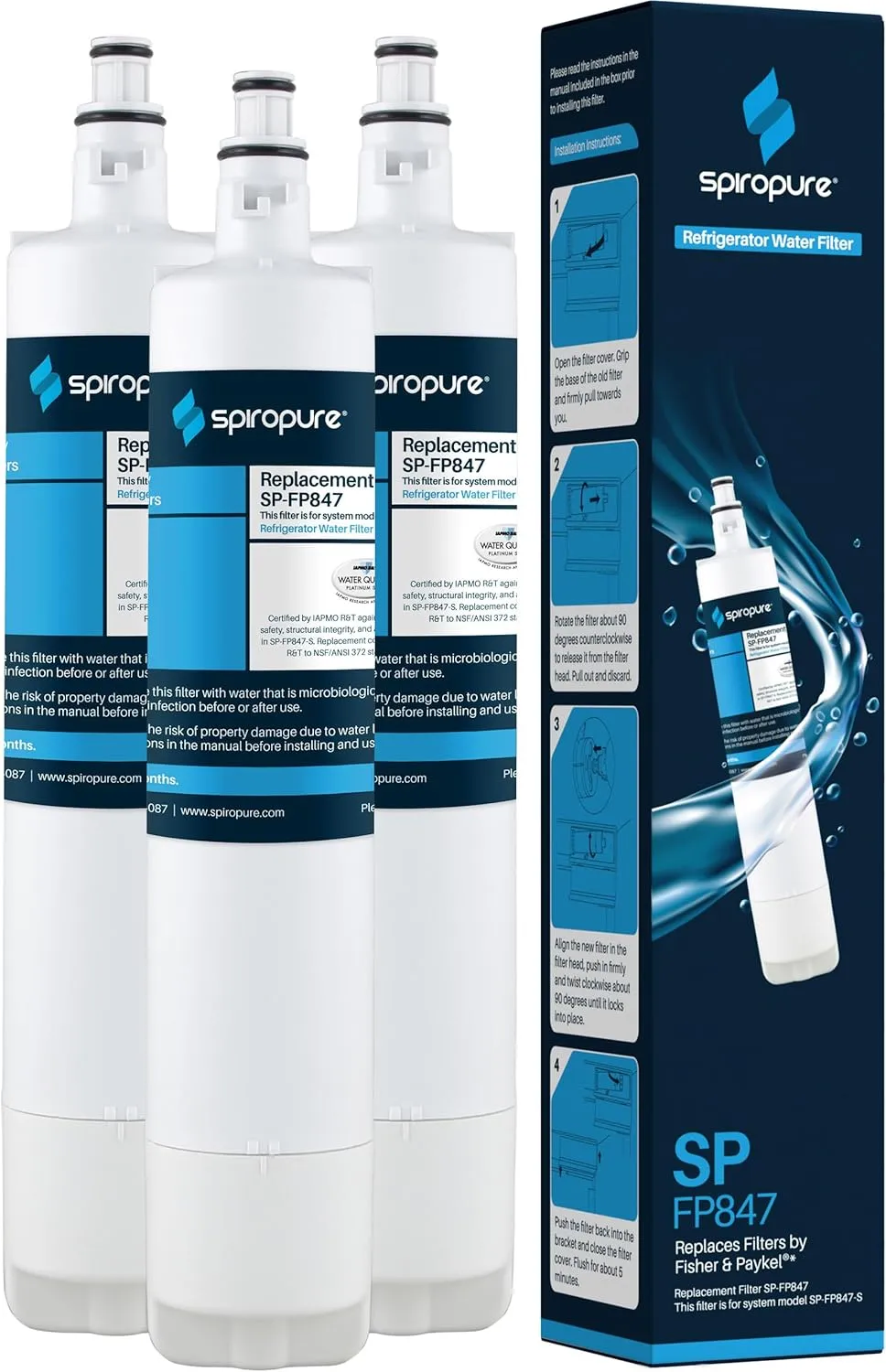 SpiroPure SP-FP847 NSF Certified Refrigerator Water Filter Compatible Replacement for Fisher Paykel 847200 Water Filter Fisher & Paykel FWC3 (3 Pack)