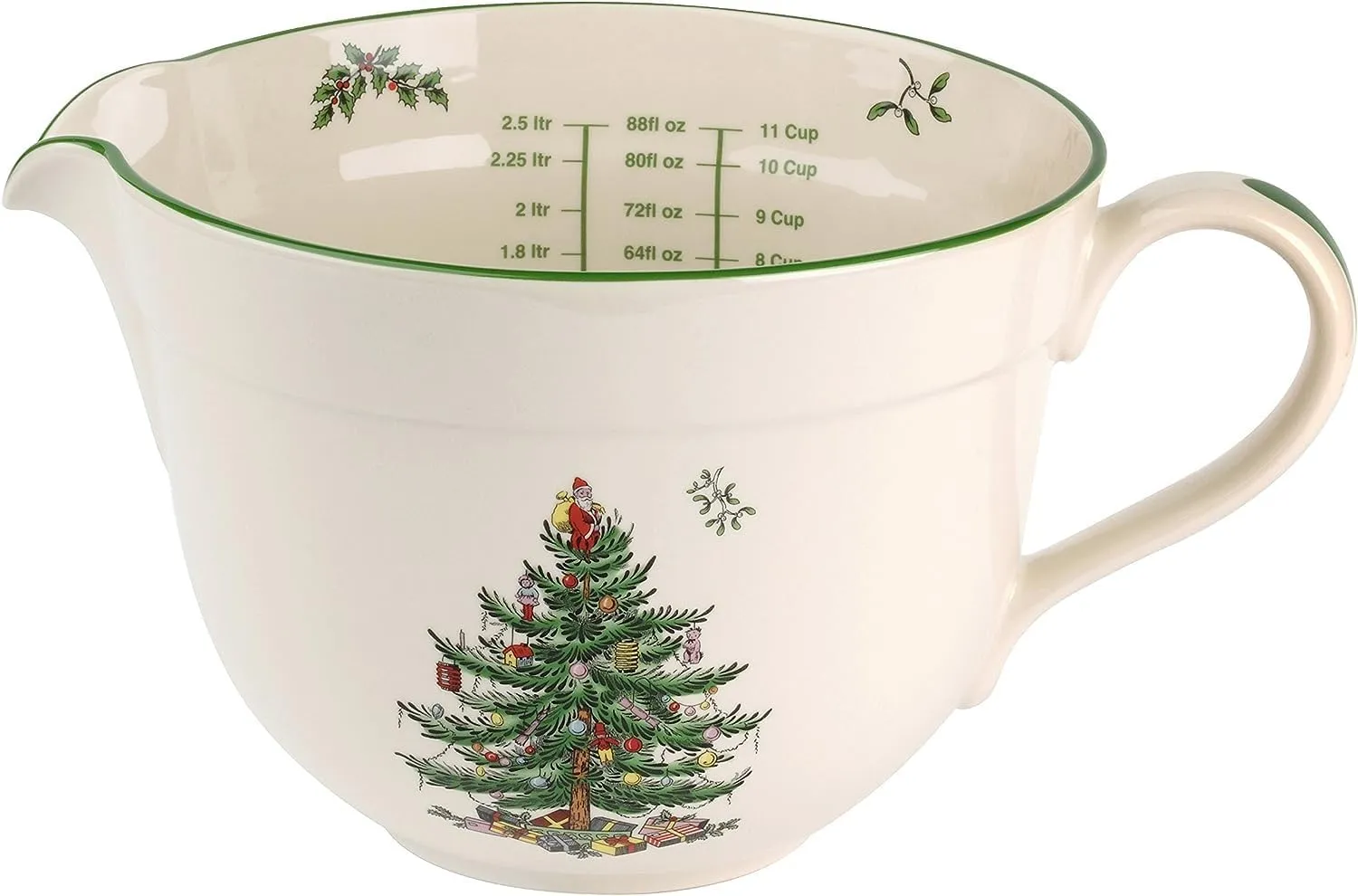 Spode Christmas Tree Batter Jug - 2 Quart Mixing Batter Bowl with Handle and Precision Pour Spout, Fine Earthenware Holiday Baking Tool - Festive Bakeware for Christmas, Dishwasher & Microwave Safe