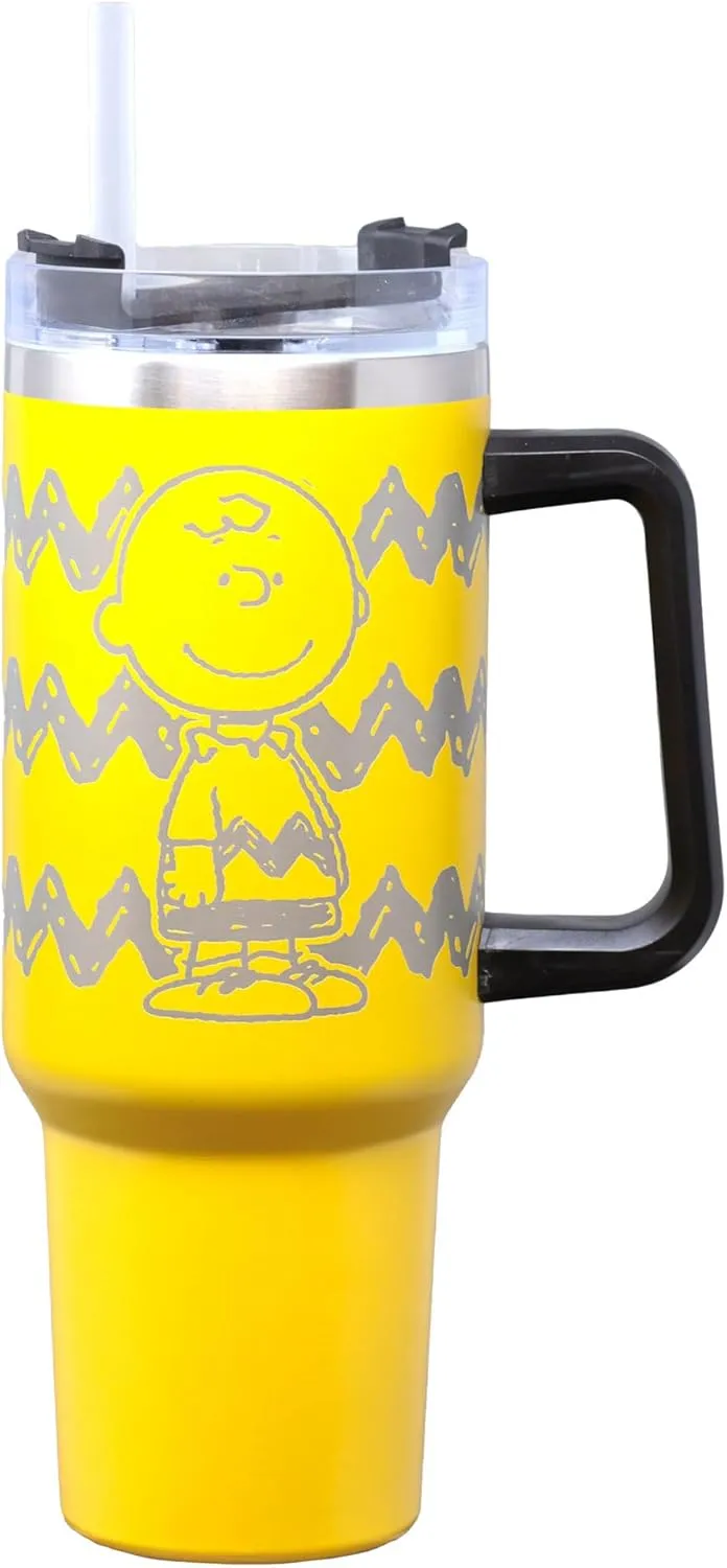 Spoontiques - Etched Stainless Steel Travel Mug with Handle - 40oz Capacity - Double Wall Stainless Steel with Sliding Lock Travel Lid - 11" Tall - Charlie Brown