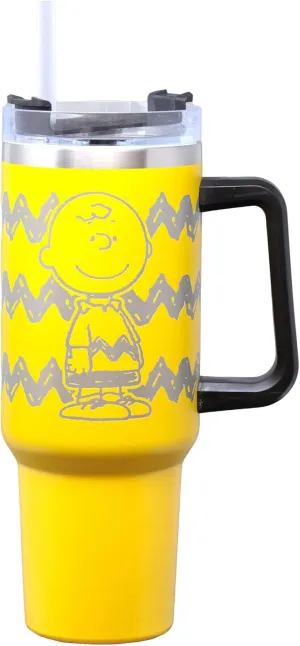 Spoontiques - Etched Stainless Steel Travel Mug with Handle - 40oz Capacity - Double Wall Stainless Steel with Sliding Lock Travel Lid - 11" Tall - Charlie Brown