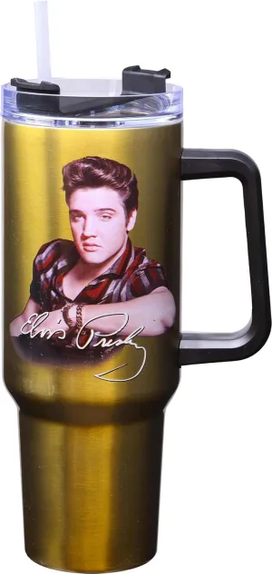 Spoontiques - Stainless Steel Travel Mug with Handle - 40 oz Capacity - Double Wall Stainless Steel with Sliding Lock Travel Lid - 11” Tall - Elvis