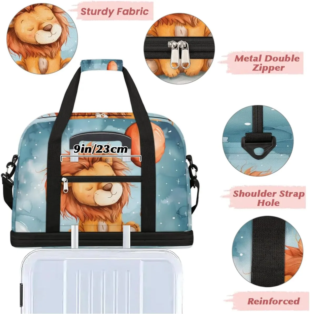Sports Duffel Bag, Foldable Lion Animal Travel Duffel Bag, Gym Yoga Beach Bag Weekender Overnight Bag with Shoes Compartment for Men Women, Funny Lion