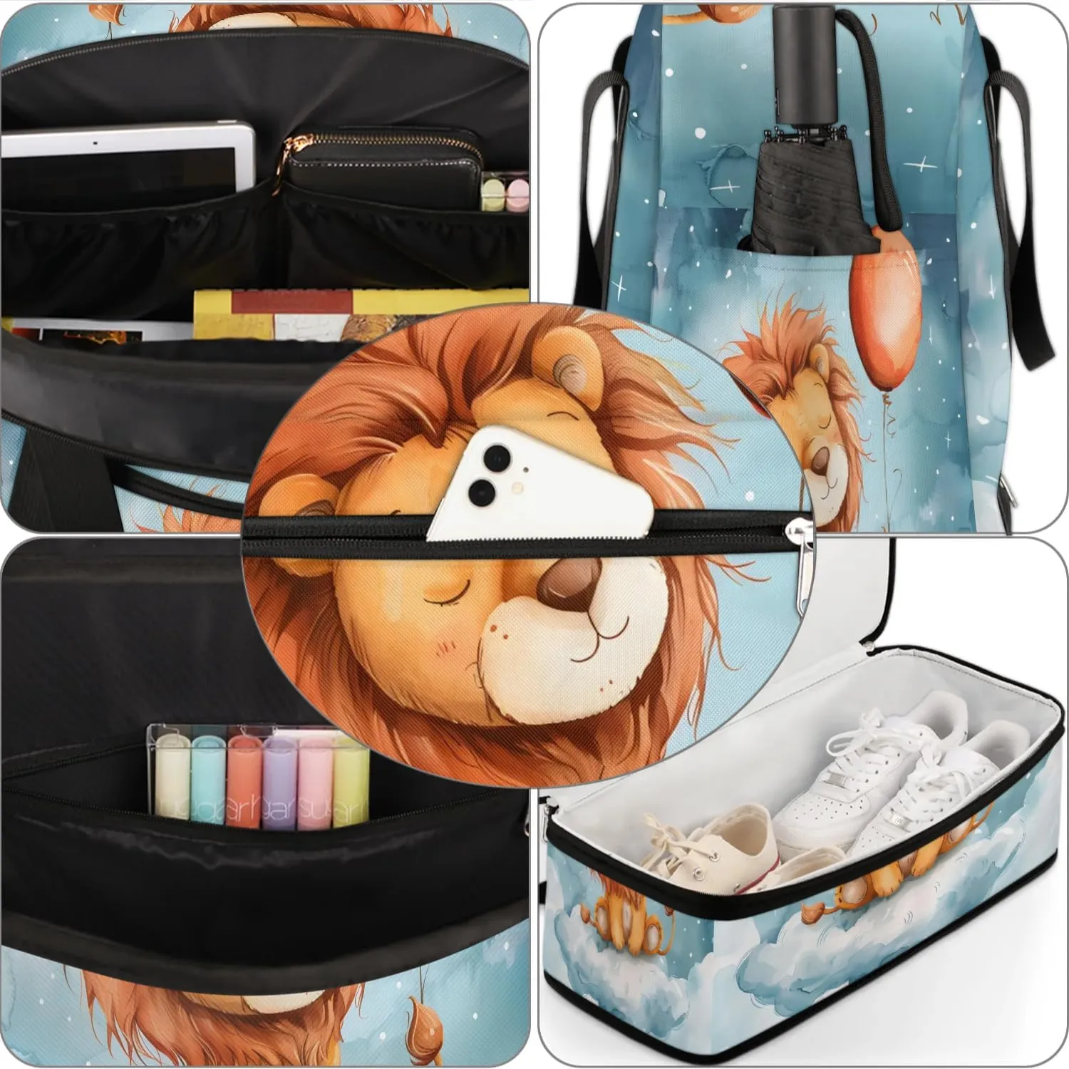 Sports Duffel Bag, Foldable Lion Animal Travel Duffel Bag, Gym Yoga Beach Bag Weekender Overnight Bag with Shoes Compartment for Men Women, Funny Lion