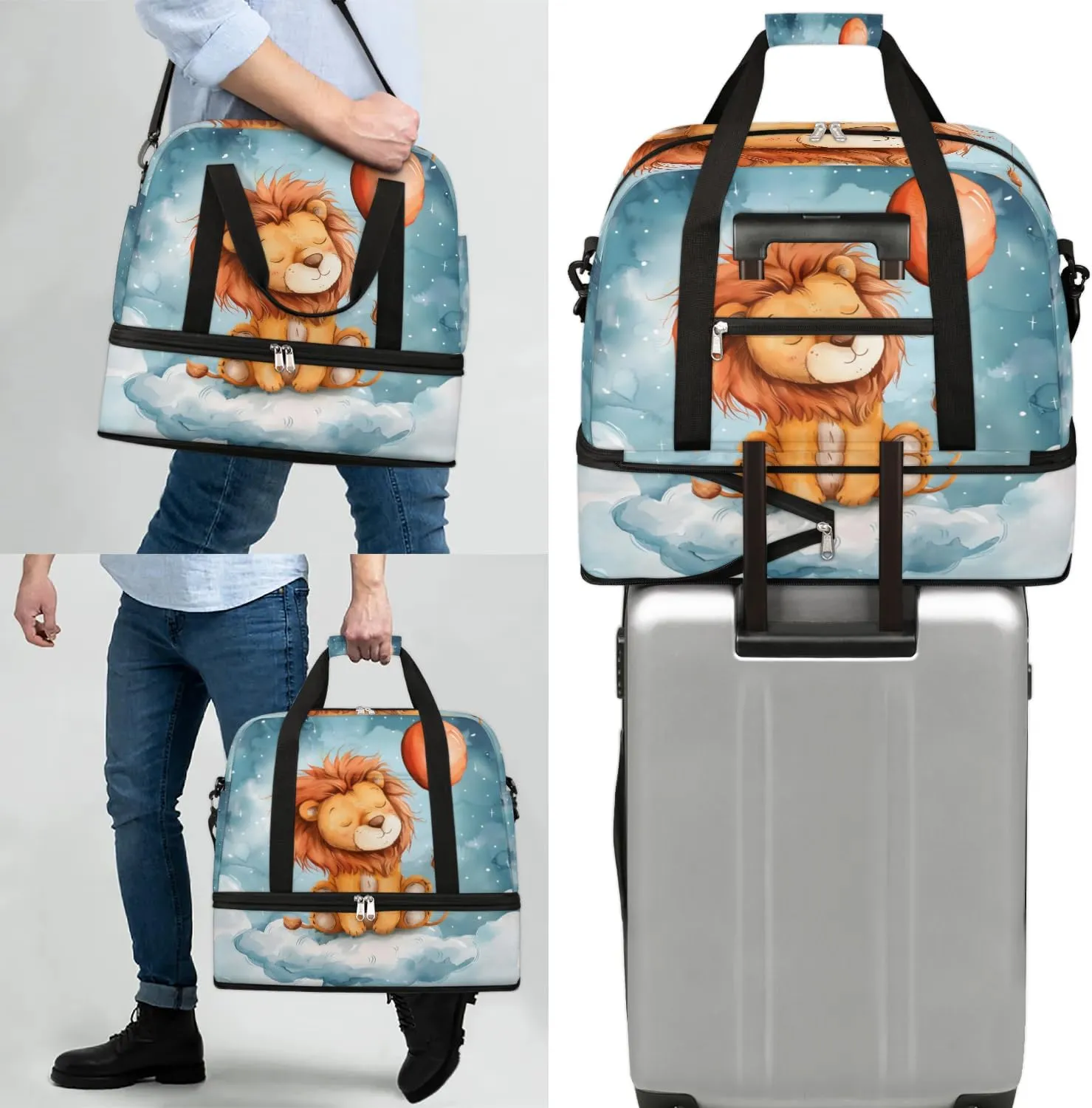 Sports Duffel Bag, Foldable Lion Animal Travel Duffel Bag, Gym Yoga Beach Bag Weekender Overnight Bag with Shoes Compartment for Men Women, Funny Lion