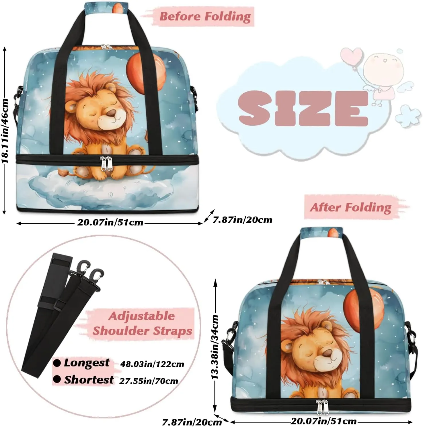 Sports Duffel Bag, Foldable Lion Animal Travel Duffel Bag, Gym Yoga Beach Bag Weekender Overnight Bag with Shoes Compartment for Men Women, Funny Lion