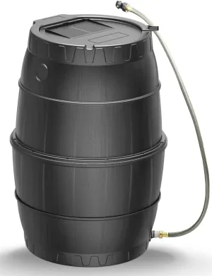 SQUEEZE master 50 Gallon Rainwater Collection Barrel with Stand-BPA Free Home Rain Catcher with Water Diverter, Outlet Hose-Flatback Designed Water Storage Collection Barrel for Gardens and Plants