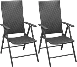 Stackable Patio Chairs Set of 2 Folding Chairs Black PE Rattan Outdoor Furniture with 7 Reclining Positions, Weather Resistant, Powder-Coated Aluminum Frame for Garden, Terrace, Patio