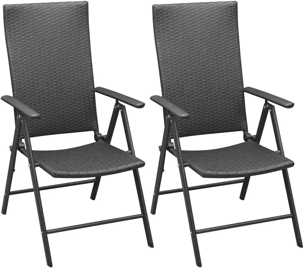 Stackable Patio Chairs Set of 2 Folding Chairs Black PE Rattan Outdoor Furniture with 7 Reclining Positions, Weather Resistant, Powder-Coated Aluminum Frame for Garden, Terrace, Patio
