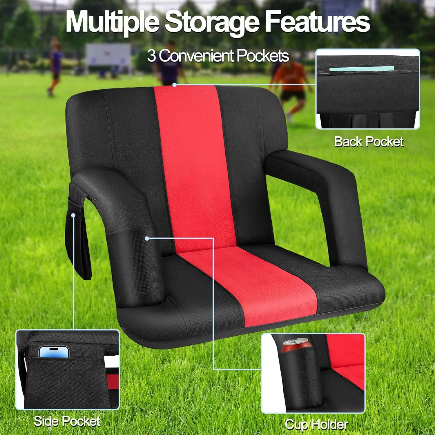 Stadium Seat for Bleachers, Wide Stadiums Seats with Back Support and Cushion, 6 Reclining Positions Stadium Seat for Bleachers, 600D Thick Padding Portable Stadium Chair for Sport Events-21''