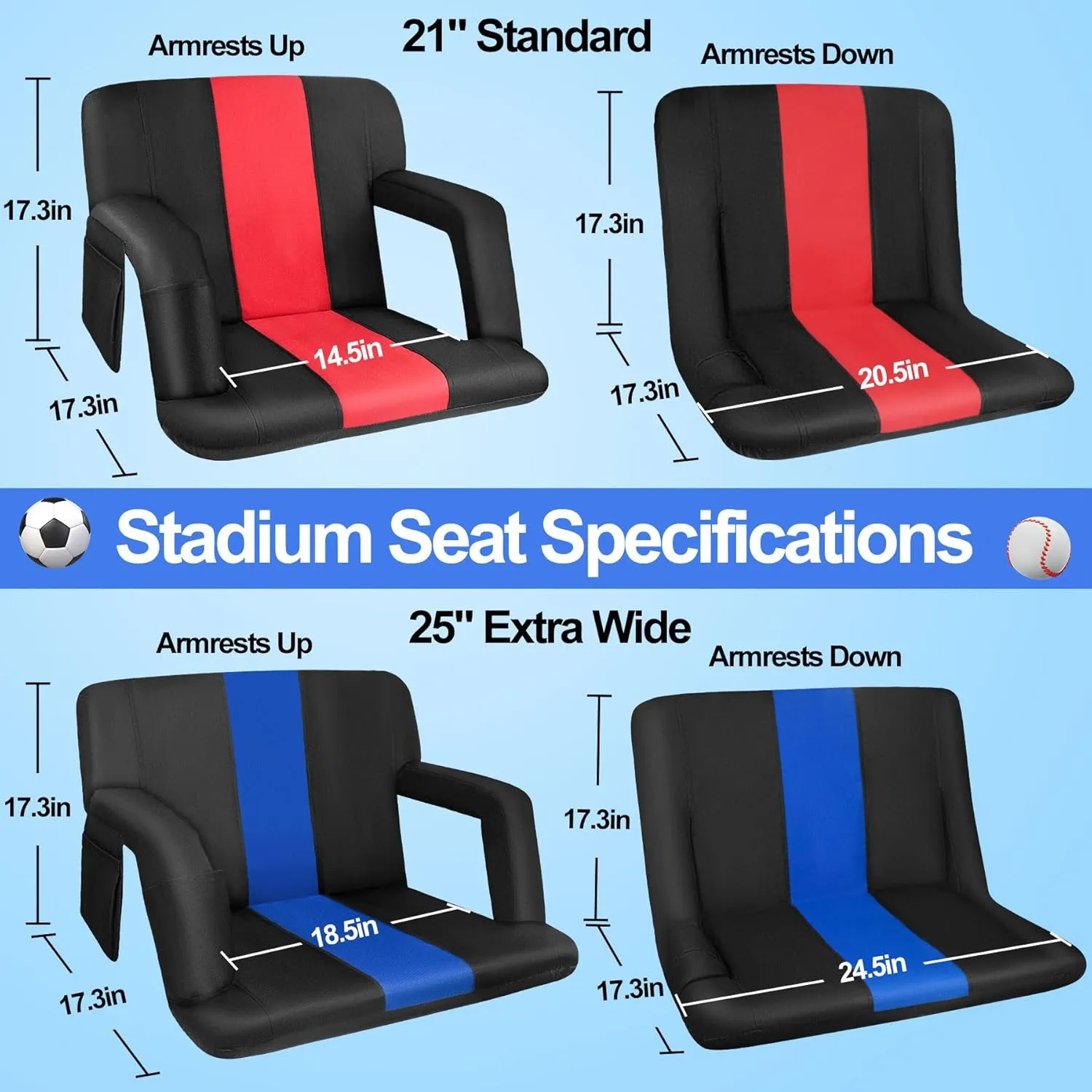 Stadium Seat for Bleachers, Wide Stadiums Seats with Back Support and Cushion, 6 Reclining Positions Stadium Seat for Bleachers, 600D Thick Padding Portable Stadium Chair for Sport Events-21''
