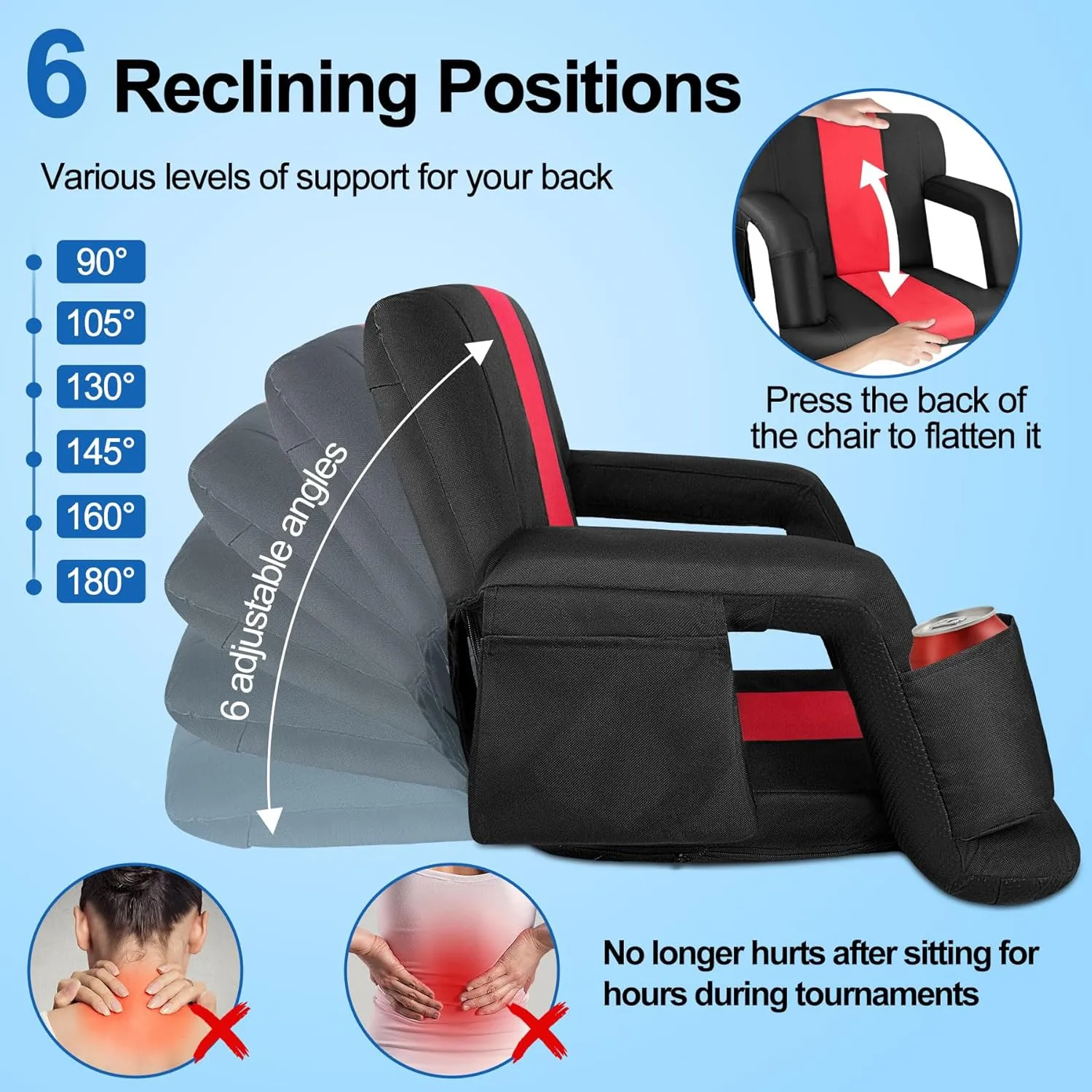 Stadium Seat for Bleachers, Wide Stadiums Seats with Back Support and Cushion, 6 Reclining Positions Stadium Seat for Bleachers, 600D Thick Padding Portable Stadium Chair for Sport Events-21''