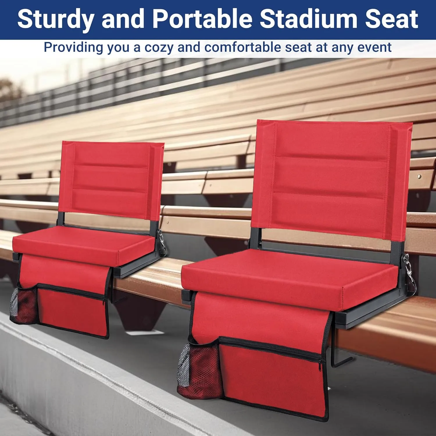 Stadium Seats for Bleachers with Back Support, Portable Bleacher Seats with Thick Padded Cushion and Shoulder Strap, Wide Stadium Seat Chair Includes Hooks, Cup Holder and Side Pocket