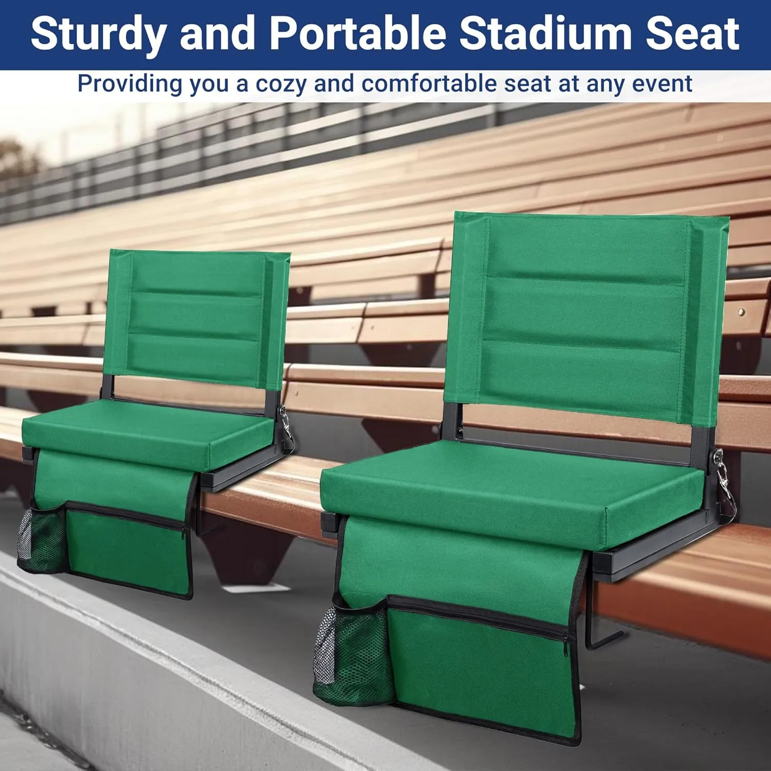Stadium Seats for Bleachers with Back Support, Portable Bleacher Seats with Thick Padded Cushion and Shoulder Strap, Wide Stadium Seat Chair Includes Hooks, Cup Holder and Side Pocket