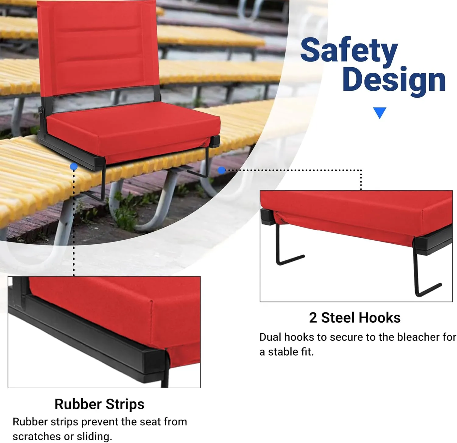 Stadium Seats for Bleachers with Back Support, Portable Bleacher Seats with Thick Padded Cushion and Shoulder Strap, Wide Stadium Seat Chair Includes Hooks, Cup Holder and Side Pocket