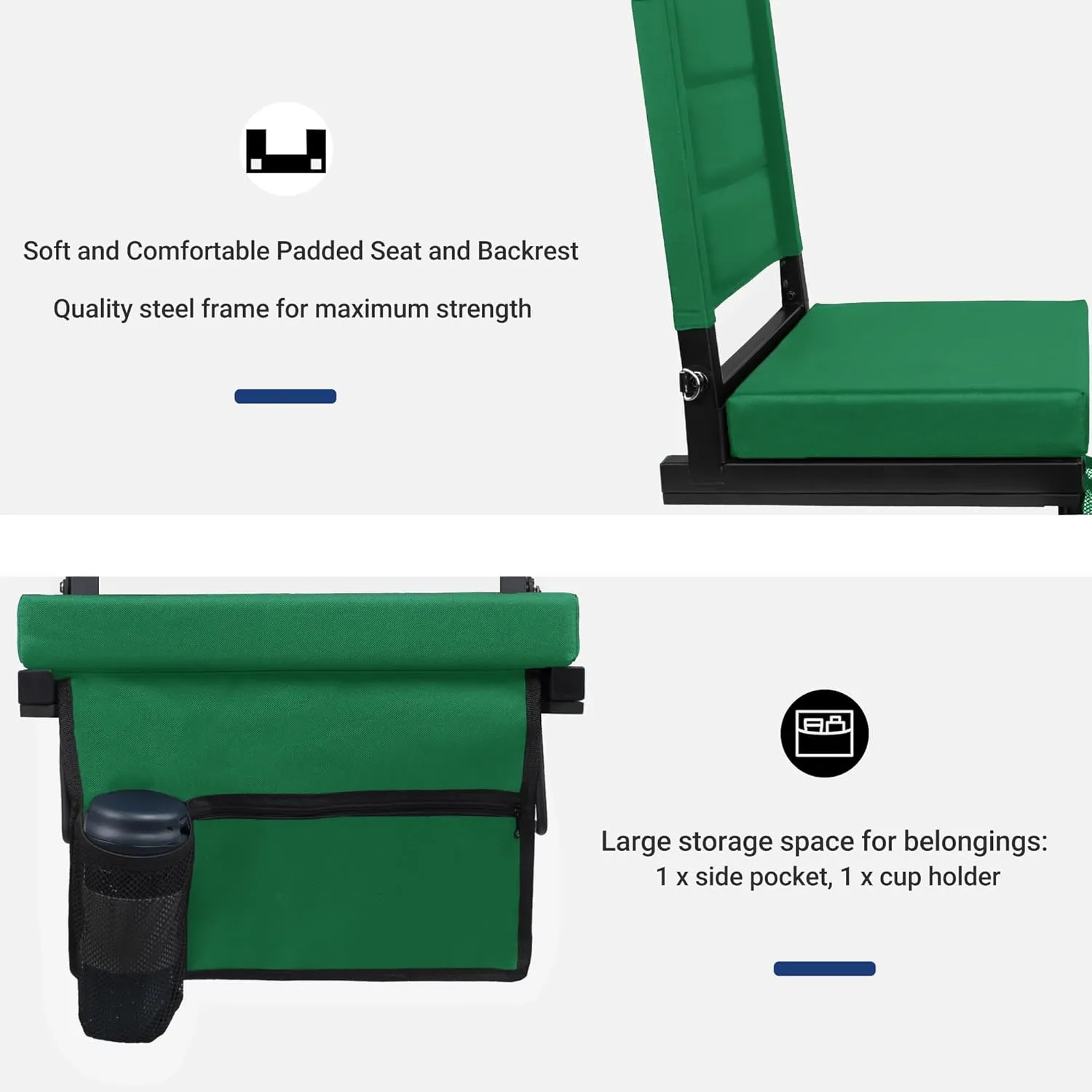 Stadium Seats for Bleachers with Back Support, Portable Bleacher Seats with Thick Padded Cushion and Shoulder Strap, Wide Stadium Seat Chair Includes Hooks, Cup Holder and Side Pocket