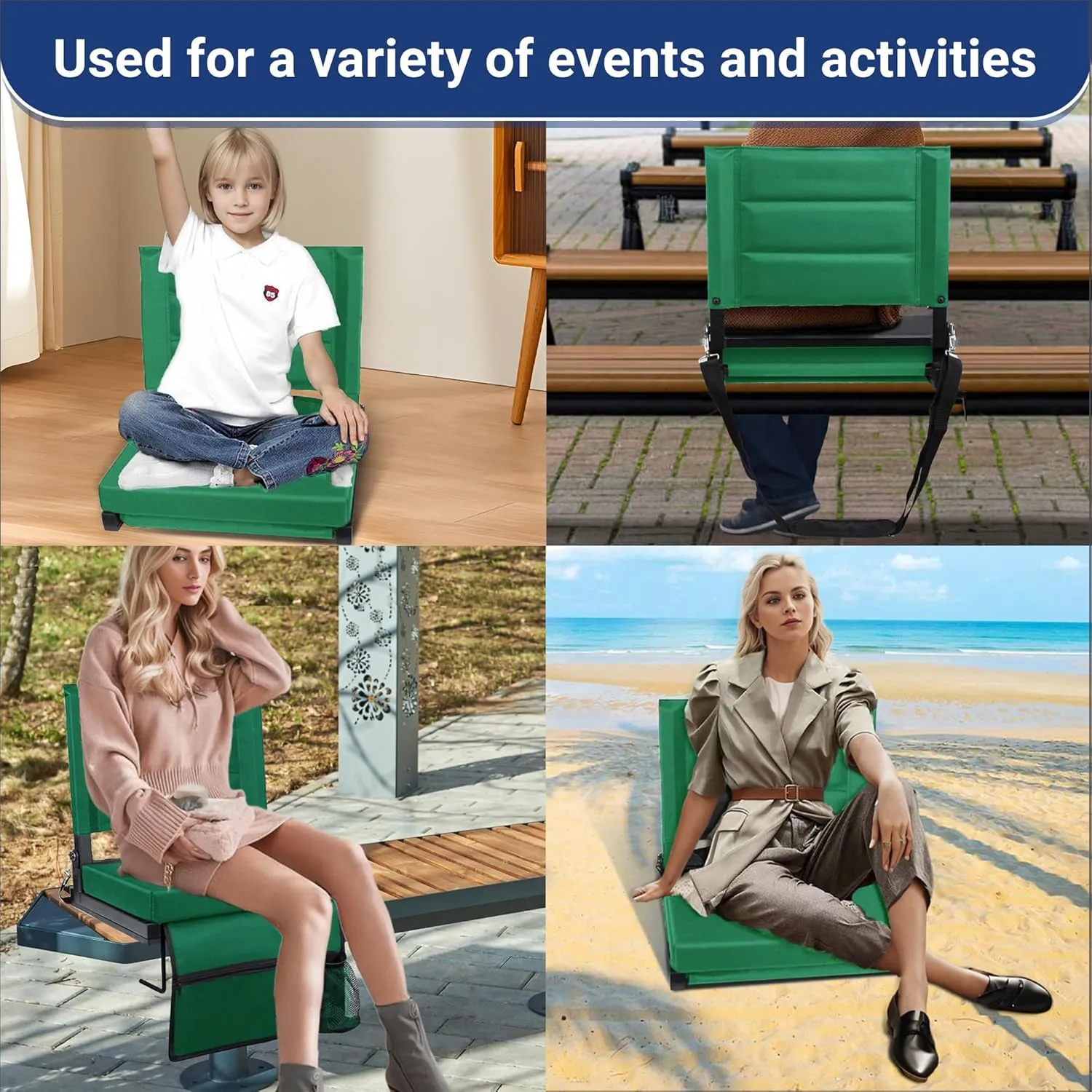 Stadium Seats for Bleachers with Back Support, Portable Bleacher Seats with Thick Padded Cushion and Shoulder Strap, Wide Stadium Seat Chair Includes Hooks, Cup Holder and Side Pocket