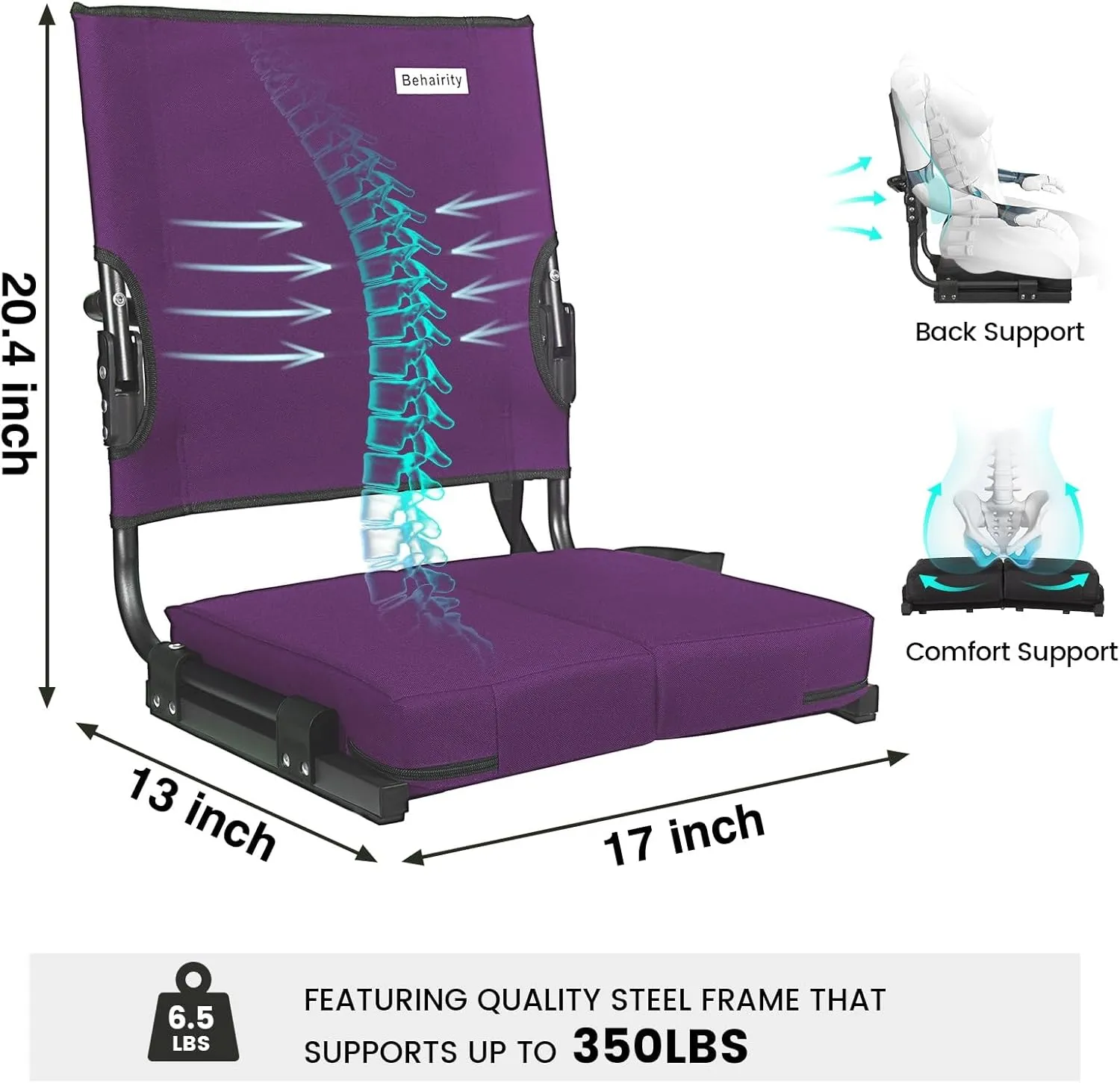 Stadium Seats for Bleachers with Back Support Wide, Portable Bleacher Chairs with Highest Back and Thick Cushion, Folding Padded Stadium Chair for Adults at Sports Events and Concerts (Dark Purple)