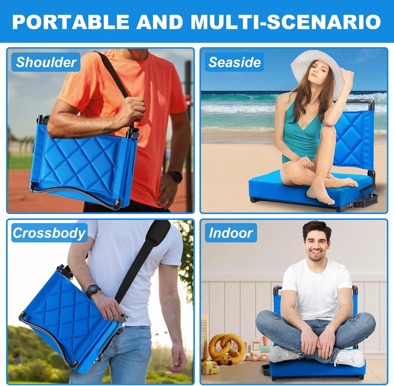 Stadium Seats with Back Support Cushion, Folding Stadium Seats for Bleachers Hold up 400lbs, Wide Bleacher Seat with Shoulder Strap & Handle Comfort for Sports Events (Blue, 1pcs)
