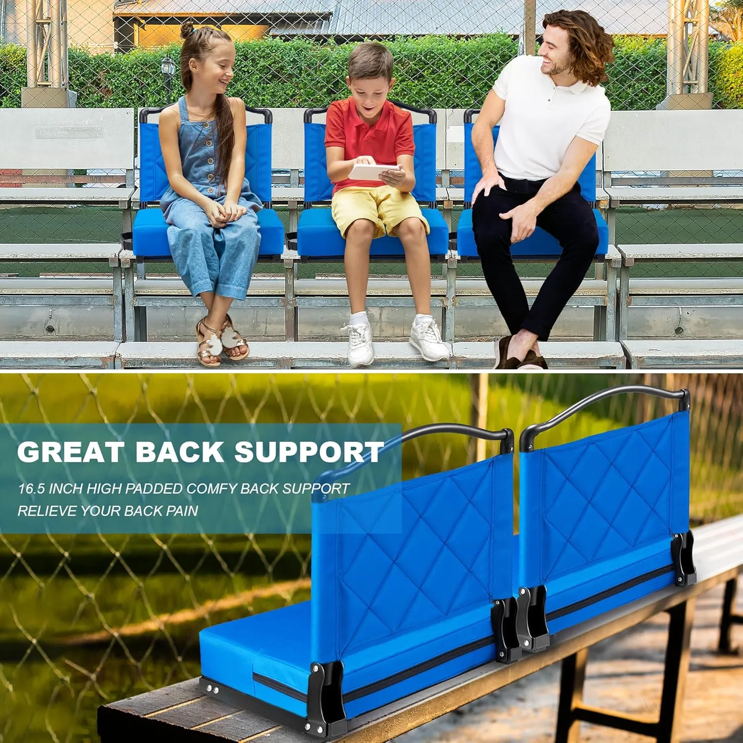 Stadium Seats with Back Support Cushion, Folding Stadium Seats for Bleachers Hold up 400lbs, Wide Bleacher Seat with Shoulder Strap & Handle Comfort for Sports Events (Blue, 1pcs)