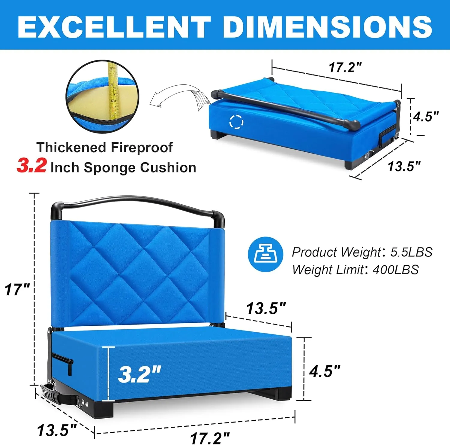 Stadium Seats with Back Support Cushion, Folding Stadium Seats for Bleachers Hold up 400lbs, Wide Bleacher Seat with Shoulder Strap & Handle Comfort for Sports Events (Blue, 1pcs)