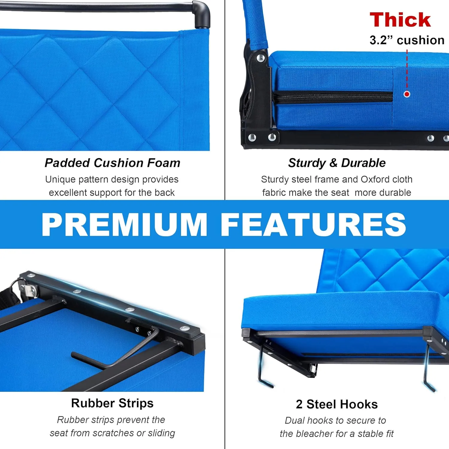Stadium Seats with Back Support Cushion, Folding Stadium Seats for Bleachers Hold up 400lbs, Wide Bleacher Seat with Shoulder Strap & Handle Comfort for Sports Events (Blue, 1pcs)