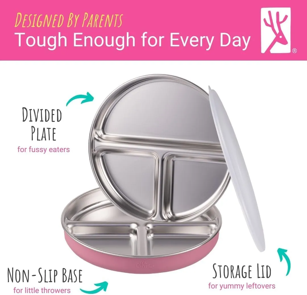 Stainless Steel Divided Plates   Silicone Sleeve and Storage Lid | Baby, Toddler, Kids | Dinner & Snack Plates | 2 Pack