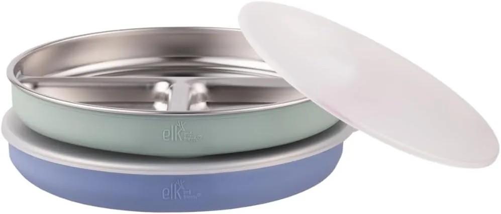 Stainless Steel Divided Plates   Silicone Sleeve and Storage Lid | Baby, Toddler, Kids | Dinner & Snack Plates | 2 Pack
