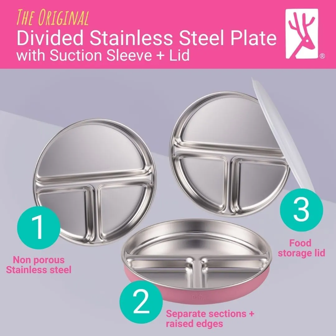 Stainless Steel Divided Plates   Silicone Sleeve and Storage Lid | Baby, Toddler, Kids | Dinner & Snack Plates | 2 Pack