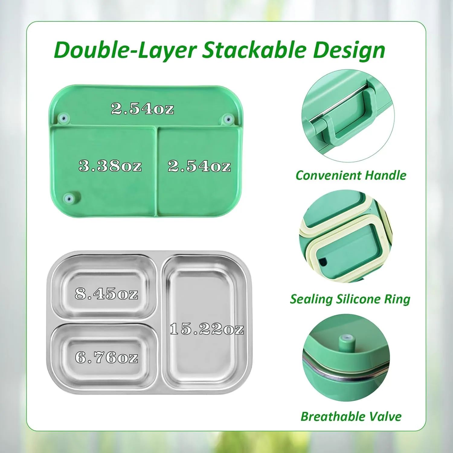 Stainless Steel Leakproof Bento Box Kids, Bento Box Kids Leakproof Double Layer 3 Compartment Container 304 Stainless Steel Lunch Box for School and Office (Green)