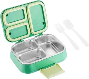 Stainless Steel Leakproof Bento Box Kids, Bento Box Kids Leakproof Double Layer 3 Compartment Container 304 Stainless Steel Lunch Box for School and Office (Green)