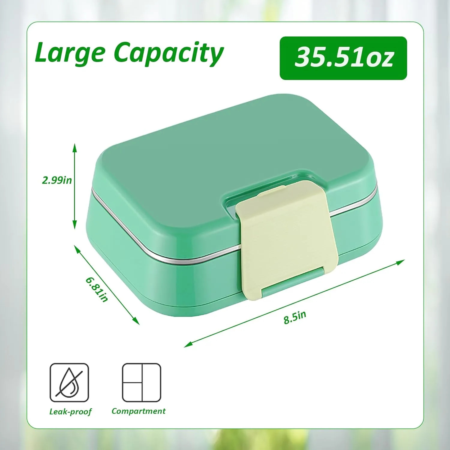 Stainless Steel Leakproof Bento Box Kids, Bento Box Kids Leakproof Double Layer 3 Compartment Container 304 Stainless Steel Lunch Box for School and Office (Green)