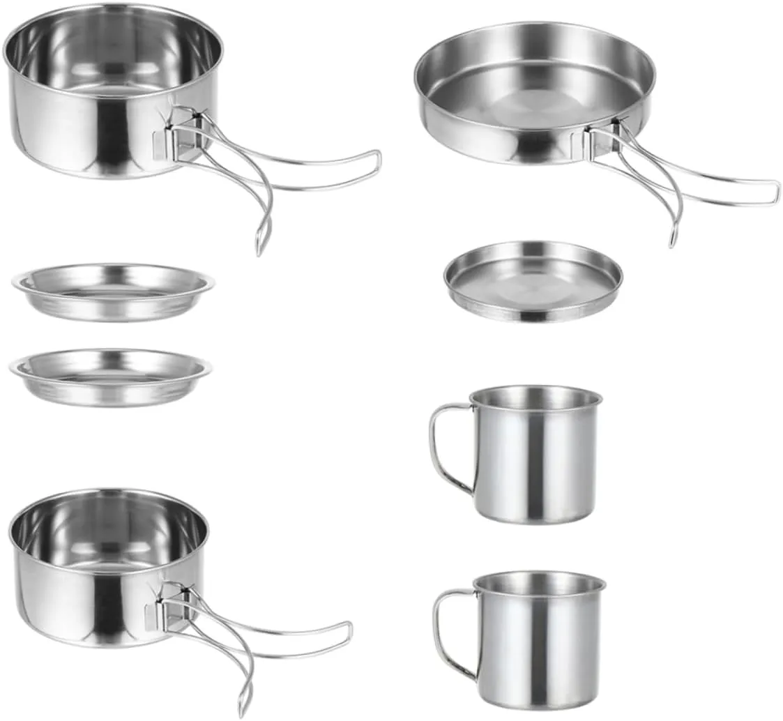 Stainless Steel Pot Set Camping Cookware Kit Portable Cooking Kit 5-6 Person
