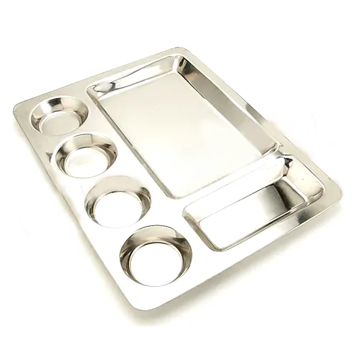 Stainless Steel Rectangular Mess Thali Plate, 6 Compartments, Balaji Lunch Tray, 16.5"