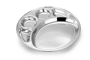 Stainless Steel Round Deluxe Thali/Plate or Mess Tray, 5 Compartments, 13"