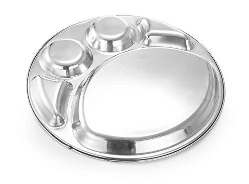 Stainless Steel Round Deluxe Thali/Plate or Mess Tray, 5 Compartments, 13"