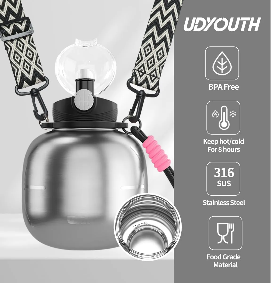 Stainless Steel Sports Water Bottle with Silicone Straw and Shoulder Strap BPA-Free Tritan Water Jug Double Wall for Outdoor Gym Sports 800ML/27.05 oz, Silver