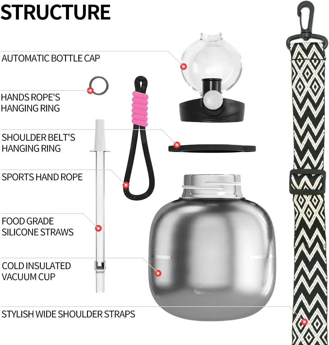 Stainless Steel Sports Water Bottle with Silicone Straw and Shoulder Strap BPA-Free Tritan Water Jug Double Wall for Outdoor Gym Sports 800ML/27.05 oz, Silver