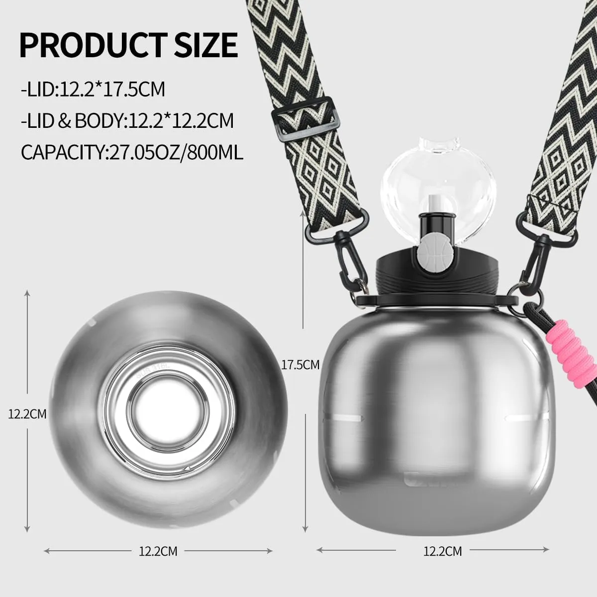 Stainless Steel Sports Water Bottle with Silicone Straw and Shoulder Strap BPA-Free Tritan Water Jug Double Wall for Outdoor Gym Sports 800ML/27.05 oz, Silver