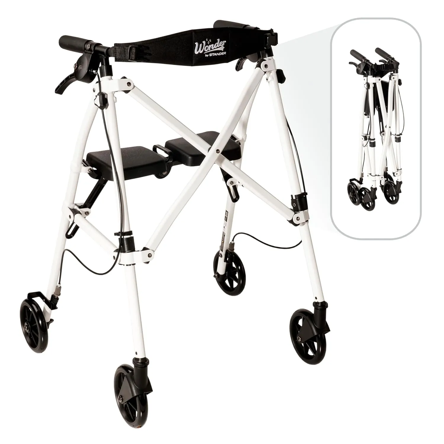 Stander Wonder Rollator, Lightweight Folding Space Saver Mobility Rolling Walker for Seniors and Adults, 6-inch Wheels, Locking Brakes, and Padded Seat with Backrest, Vivid White