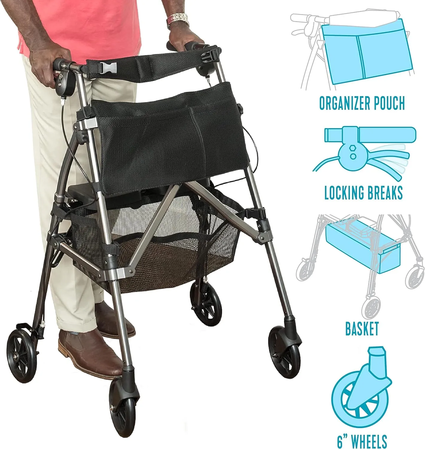 Stander Wonder Rollator Plus, Lightweight Folding Mobility Rolling-Walker, EZ Fold-N-Go-Rollator for Seniors and Adults, 6-inch Wheels, Locking Brakes and Padded Seat with Backrest, Cobalt Blue